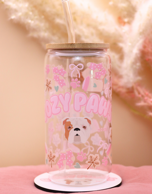 Pink Custom Cozy Paws Glass Cup