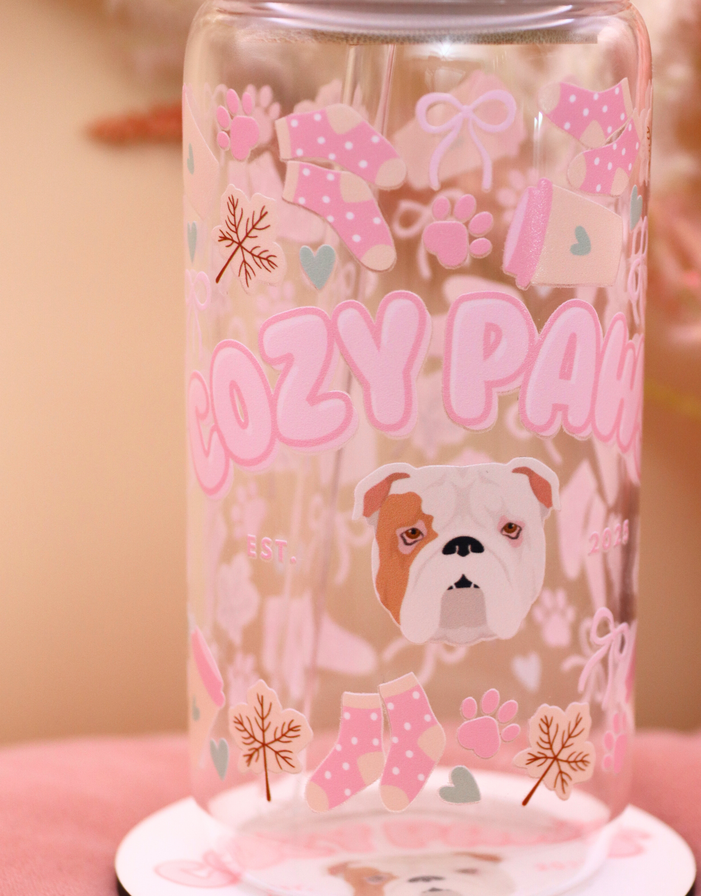 Pink Custom Cozy Paws Glass Cup