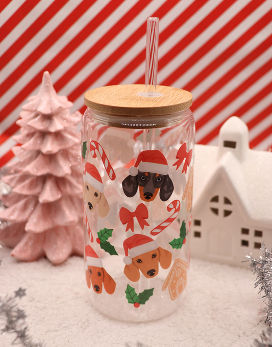 Santa Dachshund Glass Cup