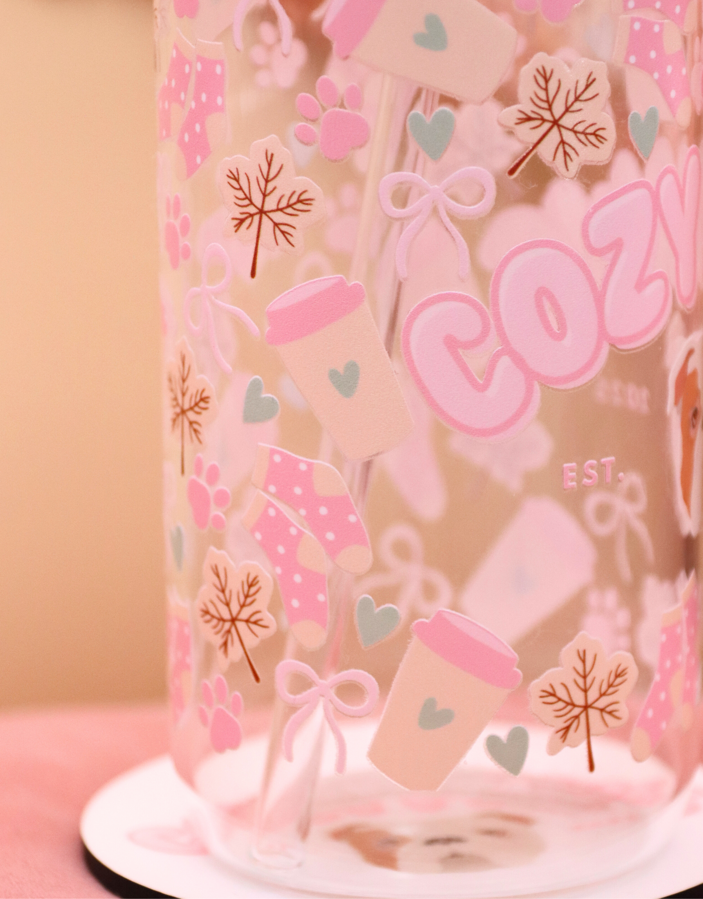 Pink Custom Cozy Paws Glass Cup