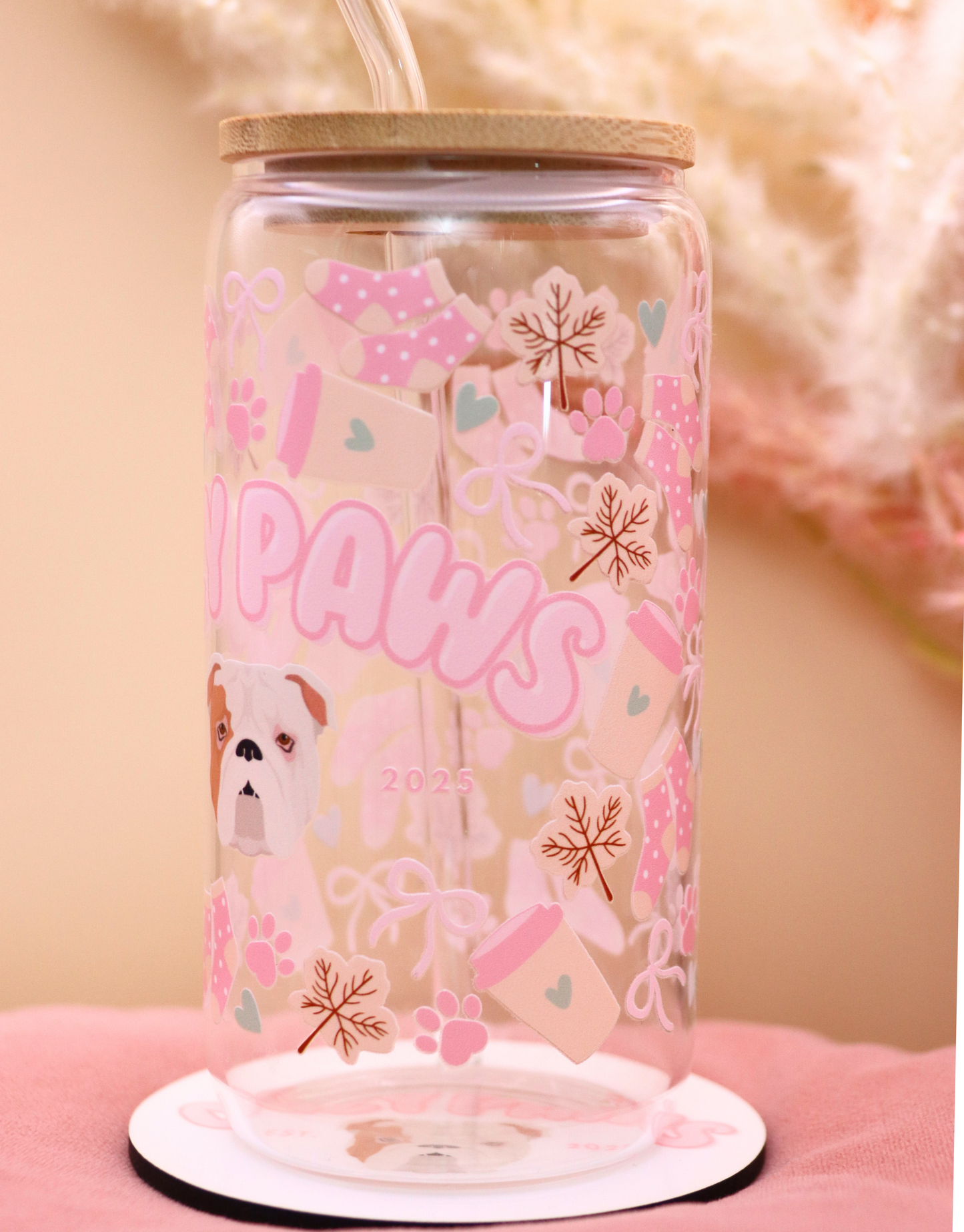 Pink Custom Cozy Paws Glass Cup