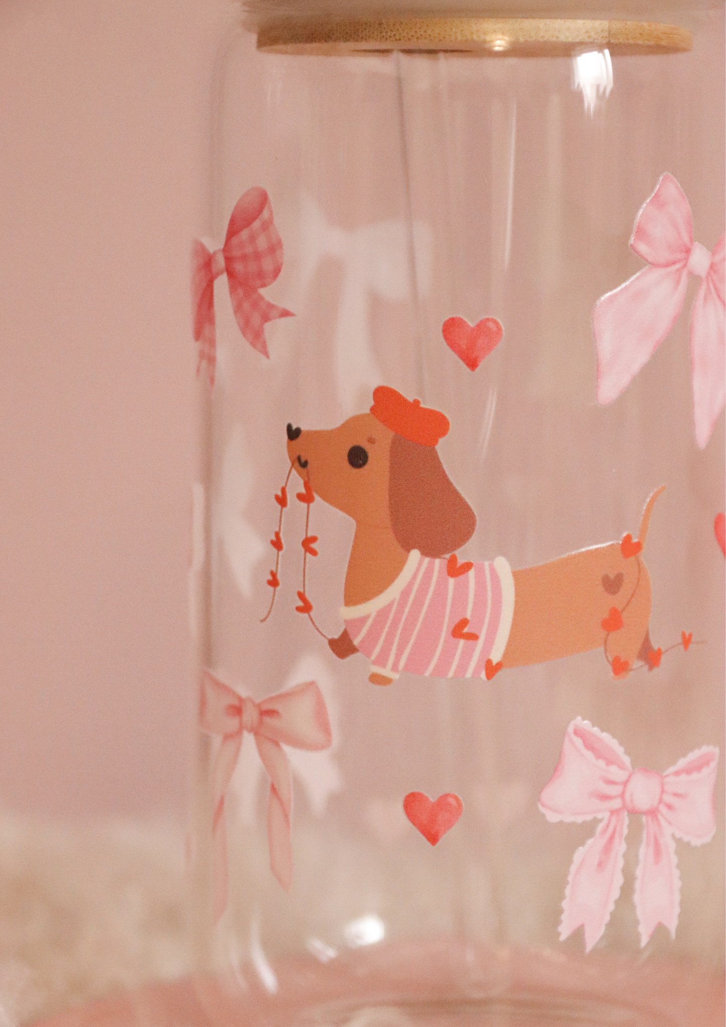Dachshund Heart & Bows Glass Cup