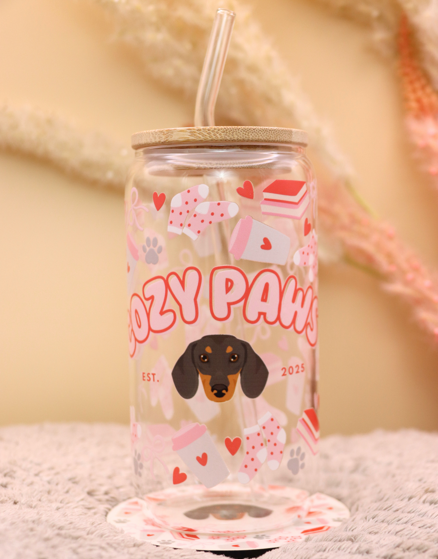 Red Custom Cozy Paws Glass Cup
