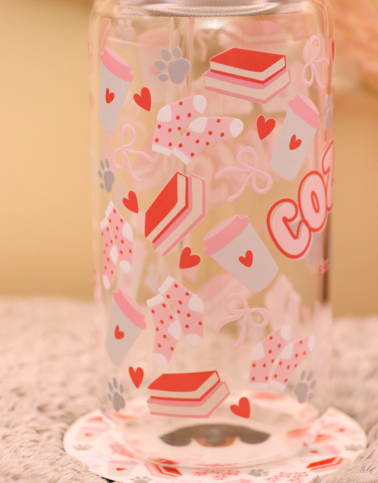 Red Custom Cozy Paws Glass Cup