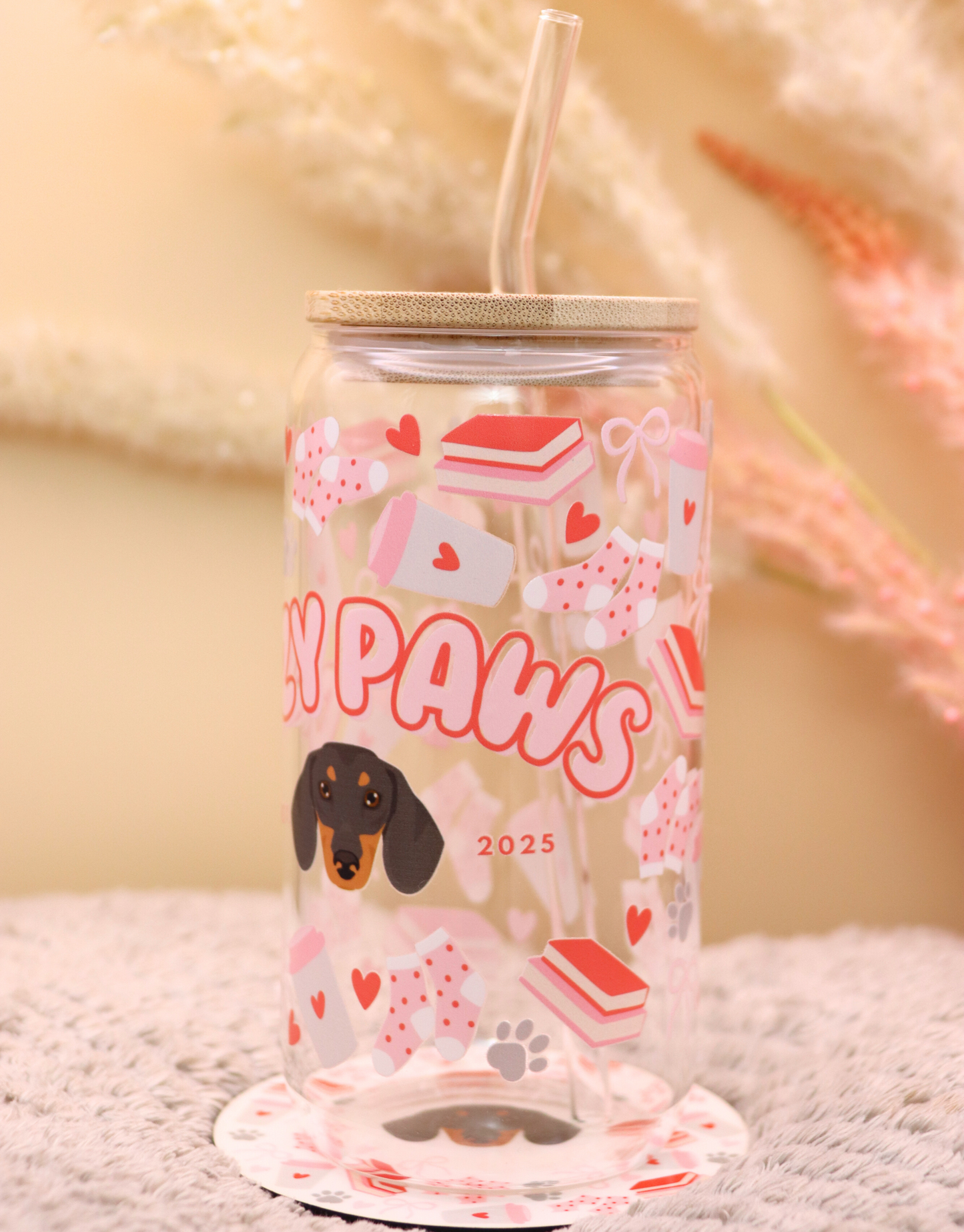 Red Custom Cozy Paws Glass Cup